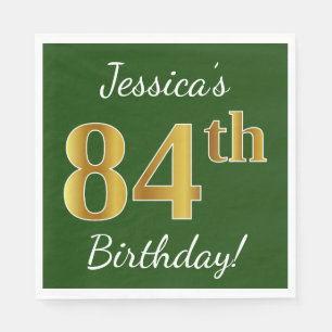 Green, Faux Gold 84th Birthday + Custom Name Paper Napkins