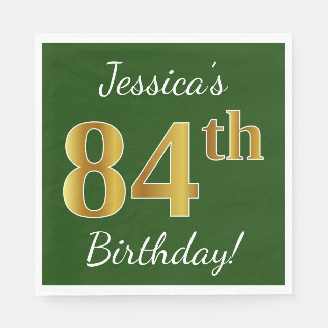 Green, Faux Gold 84th Birthday + Custom Name Paper Napkins (Front)