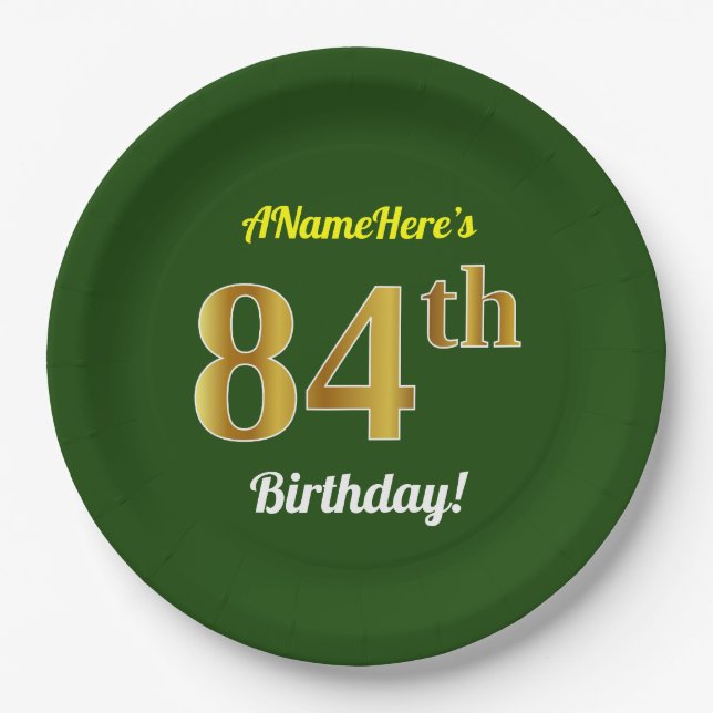 Green, Faux Gold 84th Birthday + Custom Name Paper Plates (Front)