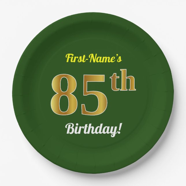Green, Faux Gold 85th Birthday + Custom Name Paper Plates (Front)
