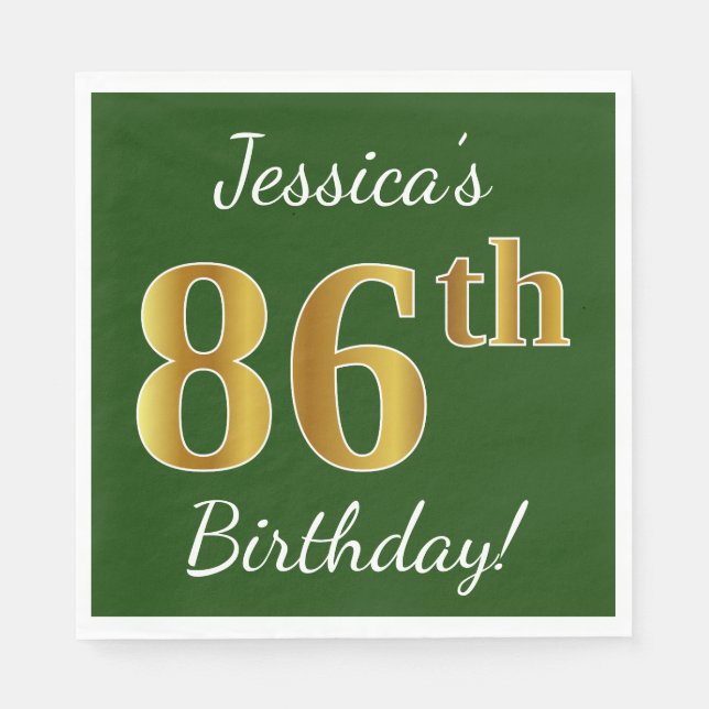 Green, Faux Gold 86th Birthday + Custom Name Napkins (Front)