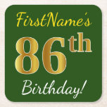 [ Thumbnail: Green, Faux Gold 86th Birthday + Custom Name Paper Coaster ]