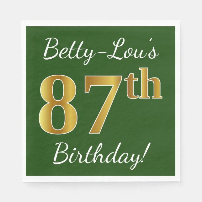 Green, Faux Gold 87th Birthday + Custom Name Paper Napkins (Front)