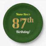 [ Thumbnail: Green, Faux Gold 87th Birthday + Custom Name Paper Plates ]