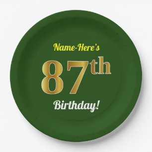 Green, Faux Gold 87th Birthday + Custom Name Paper Plates