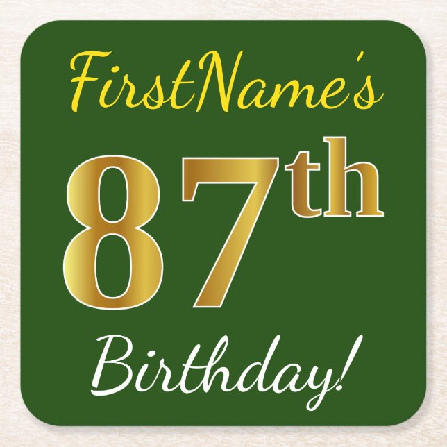 Green, Faux Gold 87th Birthday + Custom Name Square Paper Coaster (Front)