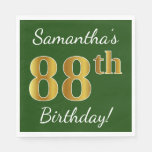 [ Thumbnail: Green, Faux Gold 88th Birthday + Custom Name Napkin ]