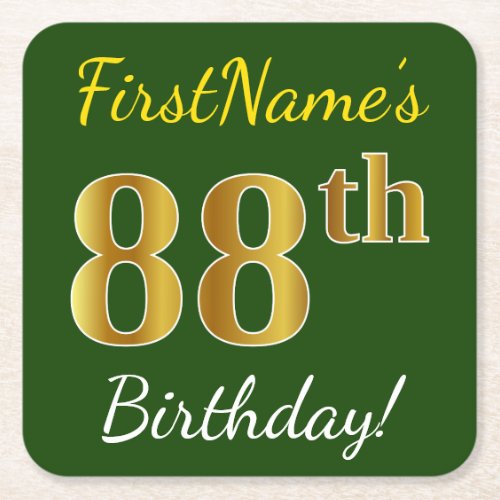 Green Faux Gold 88th Birthday  Custom Name Square Paper Coaster