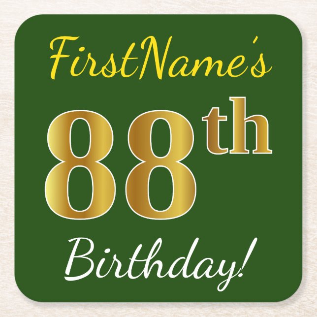 Green, Faux Gold 88th Birthday + Custom Name Square Paper Coaster (Front)
