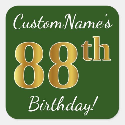 Green Faux Gold 88th Birthday  Custom Name Square Sticker