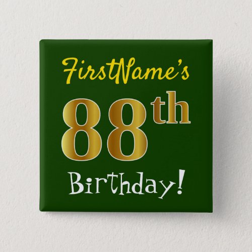 Green Faux Gold 88th Birthday With Custom Name Pinback Button