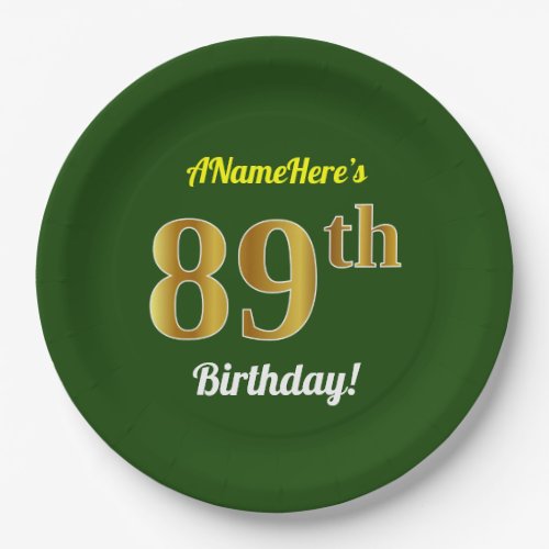 Green Faux Gold 89th Birthday  Custom Name Paper Plates