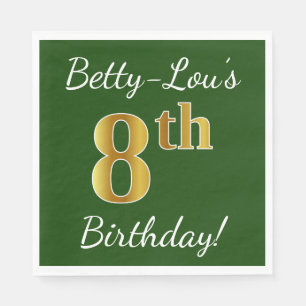 Green, Faux Gold 8th Birthday + Custom Name Paper Napkins