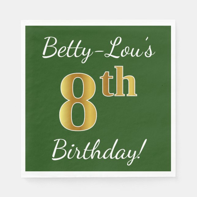 Green, Faux Gold 8th Birthday + Custom Name Paper Napkins (Front)