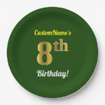 [ Thumbnail: Green, Faux Gold 8th Birthday + Custom Name Paper Plates ]