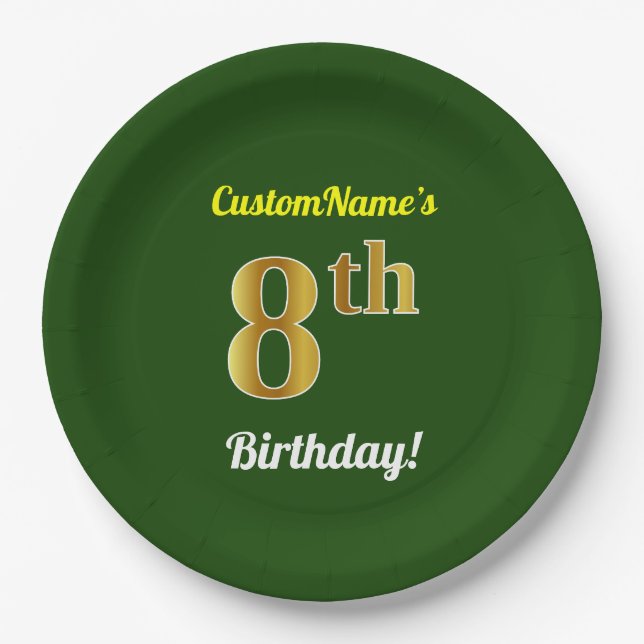Green, Faux Gold 8th Birthday + Custom Name Paper Plates (Front)