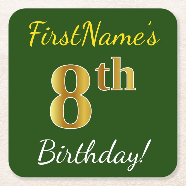 Green, Faux Gold 8th Birthday + Custom Name Square Paper Coaster (Front)