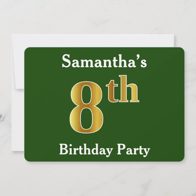Green, Faux Gold 8th Birthday Party + Custom Name Invitation (Front)