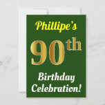 [ Thumbnail: Green, Faux Gold 90th Birthday Celebration + Name Invitation ]