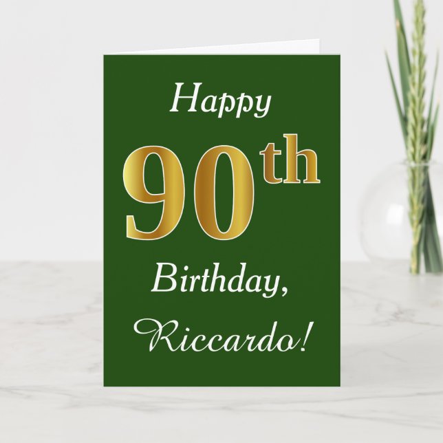 Green, Faux Gold 90th Birthday + Custom Name Card (Front)