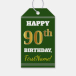 [ Thumbnail: Green, Faux Gold 90th Birthday + Custom Name Gift Tags ]