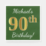 [ Thumbnail: Green, Faux Gold 90th Birthday + Custom Name Napkins ]