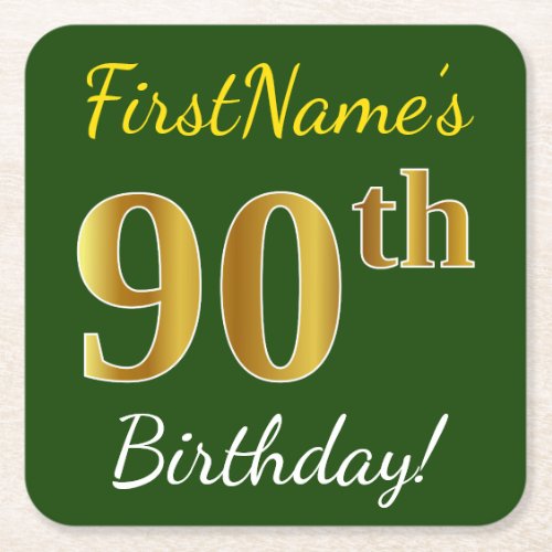 Green Faux Gold 90th Birthday  Custom Name Square Paper Coaster