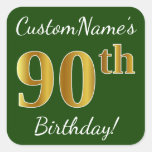 [ Thumbnail: Green, Faux Gold 90th Birthday + Custom Name Sticker ]