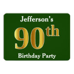 [ Thumbnail: Green, Faux Gold 90th Birthday Party + Custom Name Invitation ]