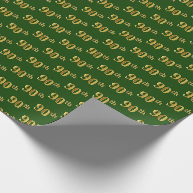 Green, Faux Gold 90th (Ninetieth) Event Wrapping Paper (Corner)