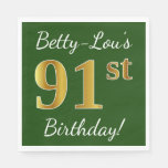 [ Thumbnail: Green, Faux Gold 91st Birthday + Custom Name Napkin ]