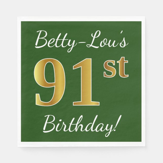Green, Faux Gold 91st Birthday + Custom Name Napkins (Front)