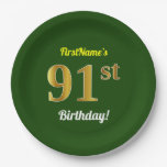 [ Thumbnail: Green, Faux Gold 91st Birthday + Custom Name Paper Plates ]