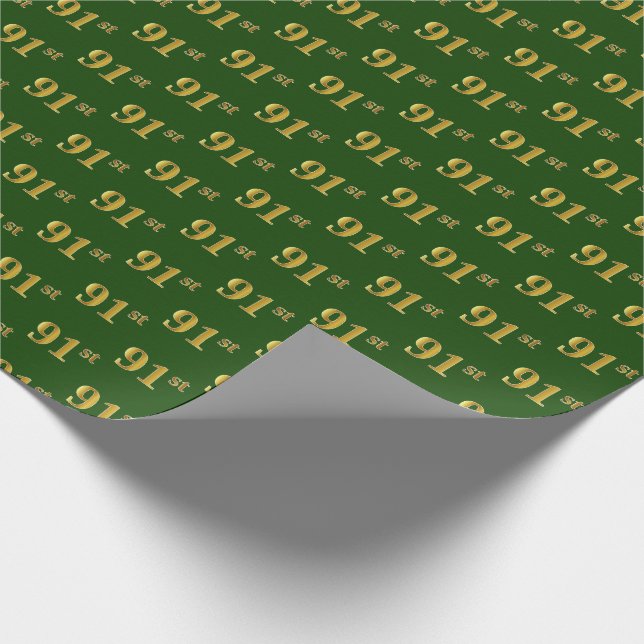 Green, Faux Gold 91st (Ninety-First) Event Wrapping Paper (Corner)