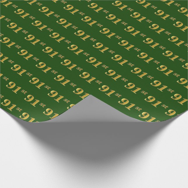 Green, Faux Gold 91st (Ninety-First) Event Wrapping Paper (Corner)