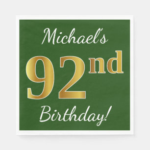 Green, Faux Gold 92nd Birthday + Custom Name Napkins