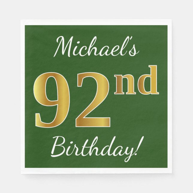 Green, Faux Gold 92nd Birthday + Custom Name Napkins (Front)