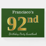 [ Thumbnail: Green, Faux Gold 92nd Birthday Party + Custom Name Guest Book ]