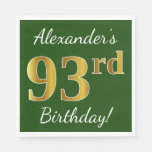 [ Thumbnail: Green, Faux Gold 93rd Birthday + Custom Name Paper Napkin ]