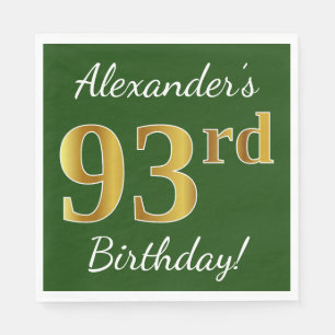 Green, Faux Gold 93rd Birthday + Custom Name Paper Napkins