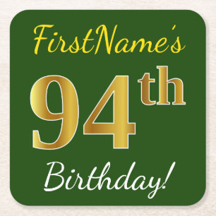 Green, Faux Gold 94th Birthday + Custom Name Square Paper Coaster