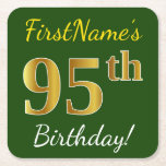 [ Thumbnail: Green, Faux Gold 95th Birthday + Custom Name Paper Coaster ]