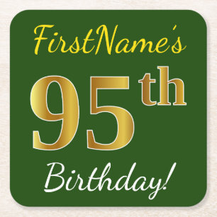 Green, Faux Gold 95th Birthday + Custom Name Square Paper Coaster
