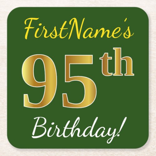 Green Faux Gold 95th Birthday  Custom Name Square Paper Coaster