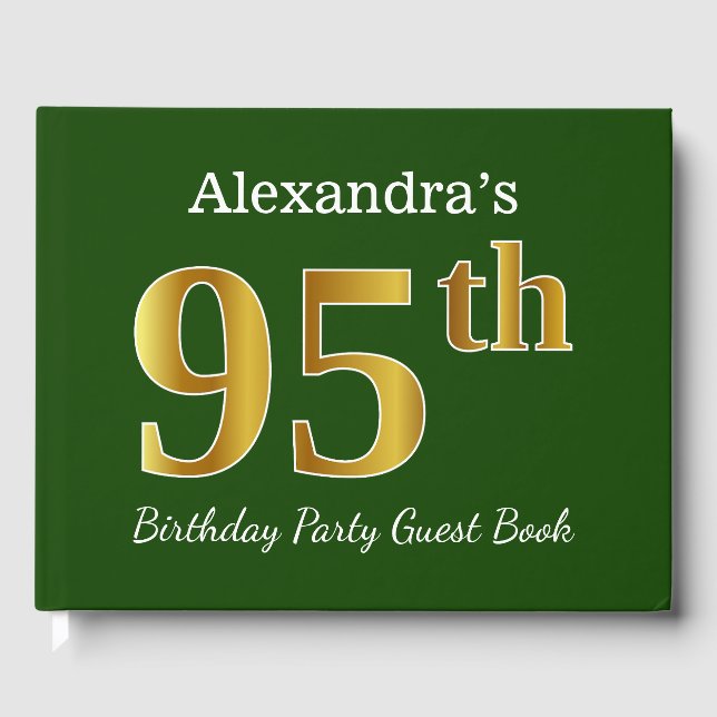 Green, Faux Gold 95th Birthday Party + Custom Name Guest Book (Front)
