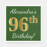 [ Thumbnail: Green, Faux Gold 96th Birthday + Custom Name Napkins ]