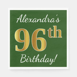 Green, Faux Gold 96th Birthday + Custom Name Napkins