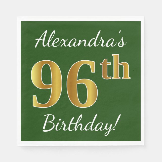 Green, Faux Gold 96th Birthday + Custom Name Napkins (Front)