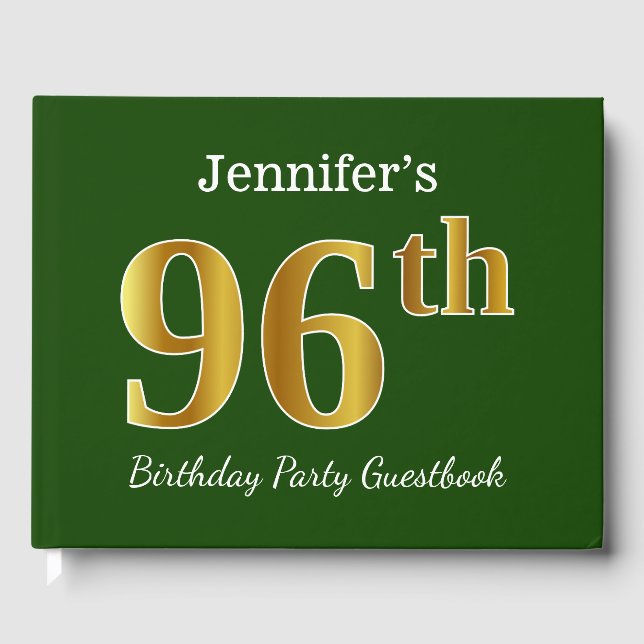 Green, Faux Gold 96th Birthday Party + Custom Name Guest Book (Front)