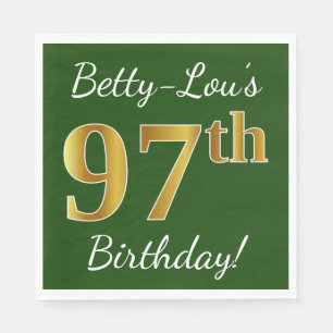 Green, Faux Gold 97th Birthday + Custom Name Napkins
